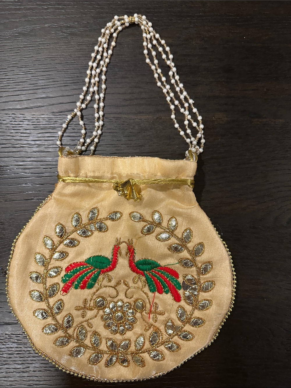 Gold/Beige Potli Bag – Double Peacock Motif & Pearl Handle (NWOT)